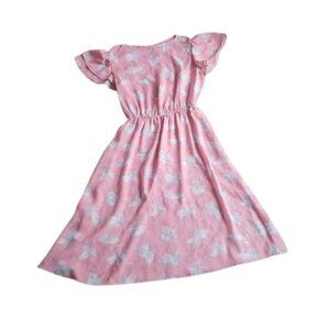 LF Petite Sheer Lined Pink Floral Elastic Gathered Waist Sun Dress, Sz SP